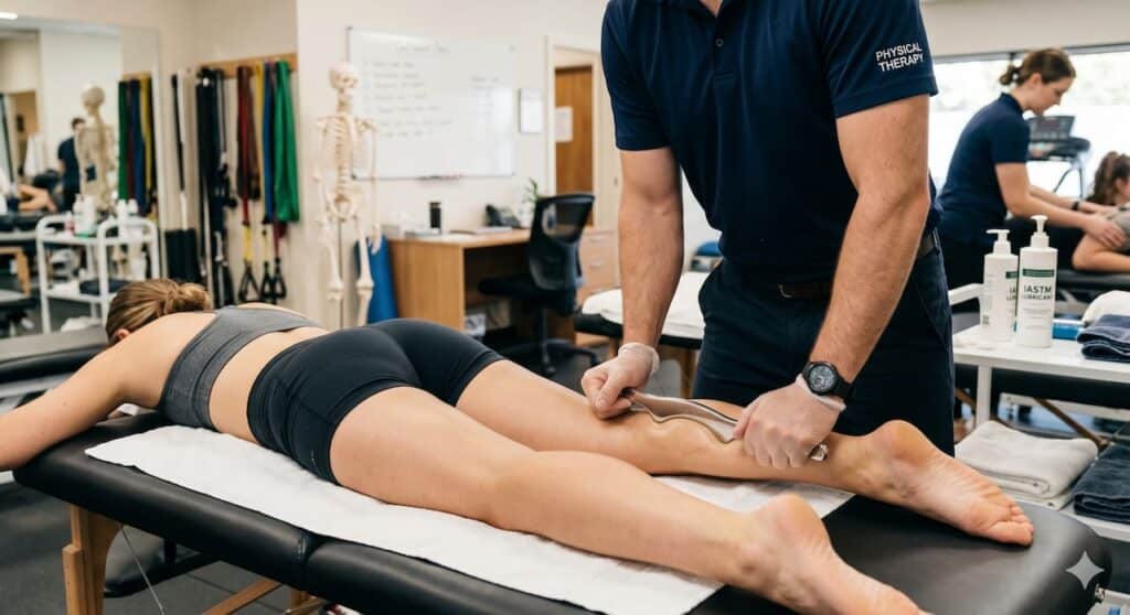 A physical therapist performing IASTM (Instrument-Assisted Soft Tissue Mobilization) on a patient.