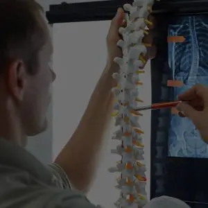 man pointing at a vertebrae in a spine model