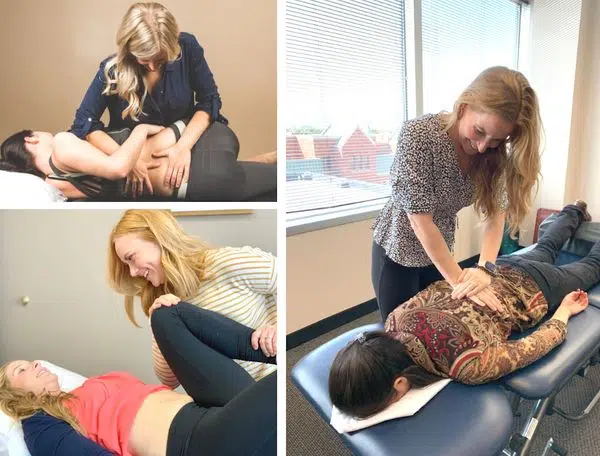 3 collaged images of a female chiropractor giving chiropractic adjustment to female patients