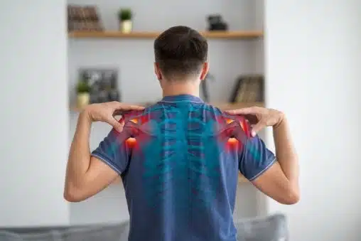 3D illustration of a human skeleton with a highlighted shoulder area , shoulder injury medical concept.