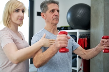 female physical therapist conducting weight training using dumbells to an elderly