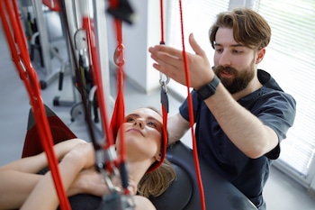 physiotherapist kneads the neck of a woman during rehab