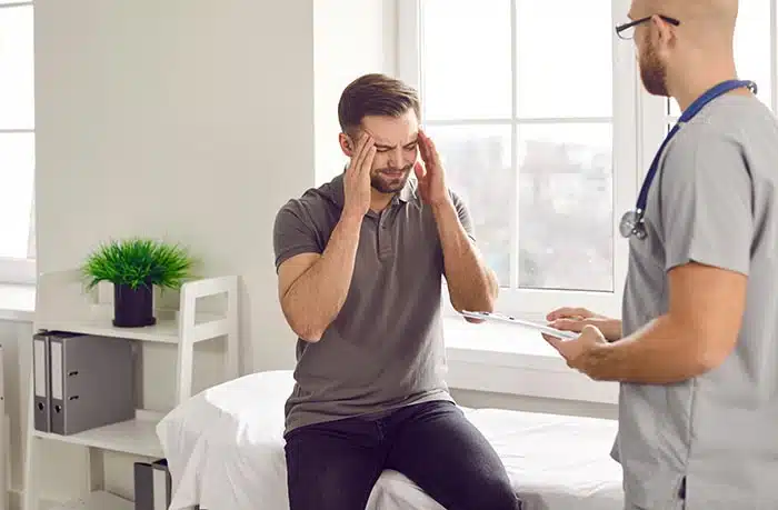 Male patient with terrible fatigue visiting his doctor. Young man suffering from migraine sitting on medical bed at clinic, holding his head and asking professional physician for help. Pain concept