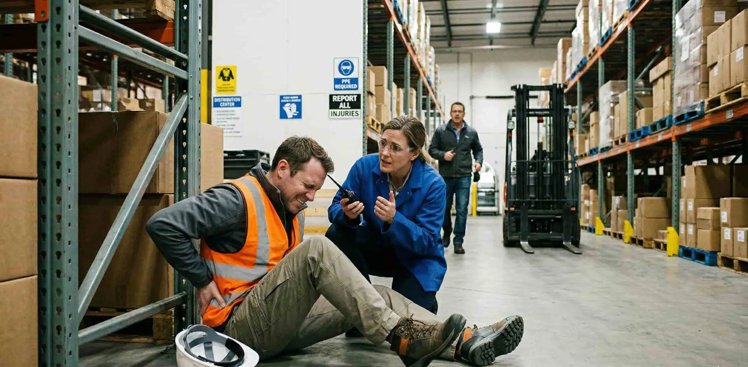 man having back pain injury in a workplace